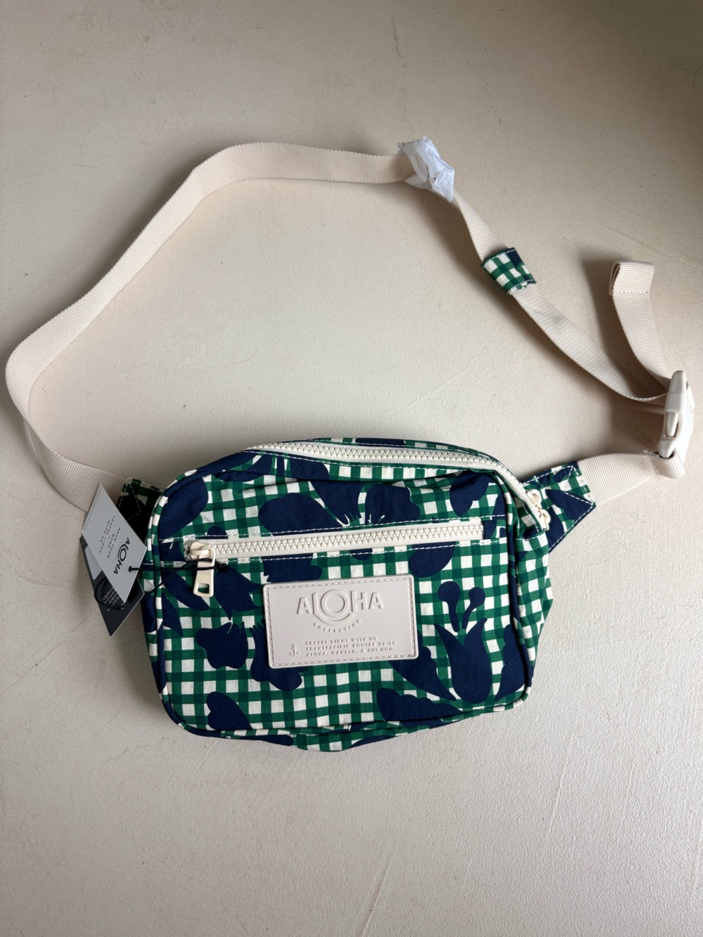 ALOHA Collection Green Gingham & Navy Leaf Crossbody nylon waist Bag